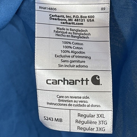 Carhartt Shirt Mens‎ XXXL Blue Workwear Short Sleeve Button Up UPF30+ Adult NWT - Picture 8 of 10